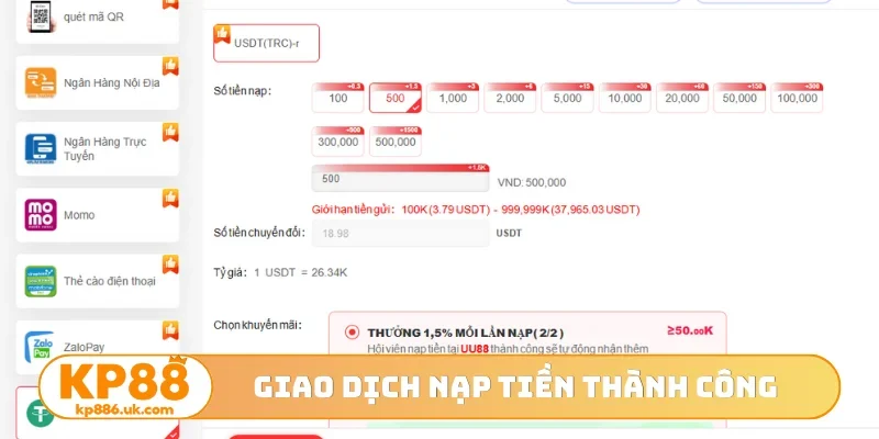 Giao dịch nạp tiền KP88 thành công