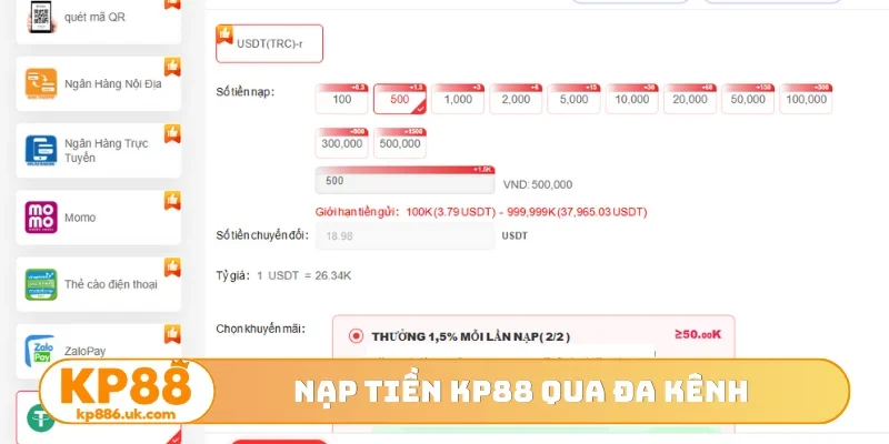 Nạp tiền KP88 qua đa kênh